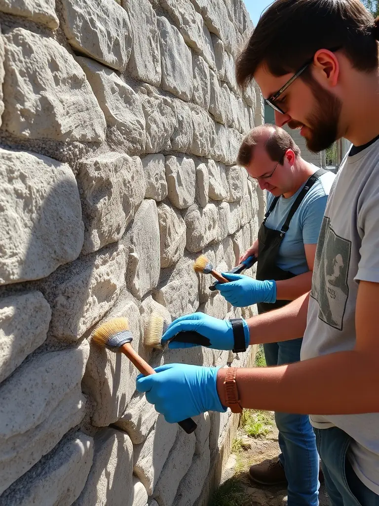 A photograph of volunteers cleaning and restoring an old stone wall, showcasing the hands-on restoration work undertaken by the association.