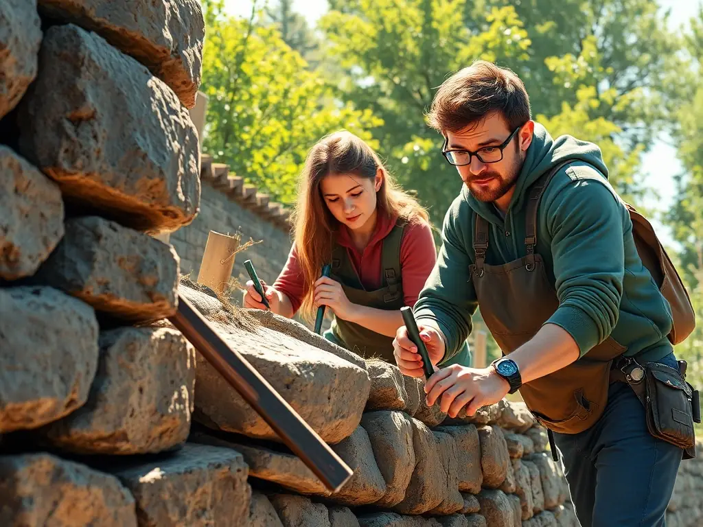 A photograph depicting volunteers working on the restoration of an old stone wall, showcasing the hands-on effort involved in preserving local heritage.