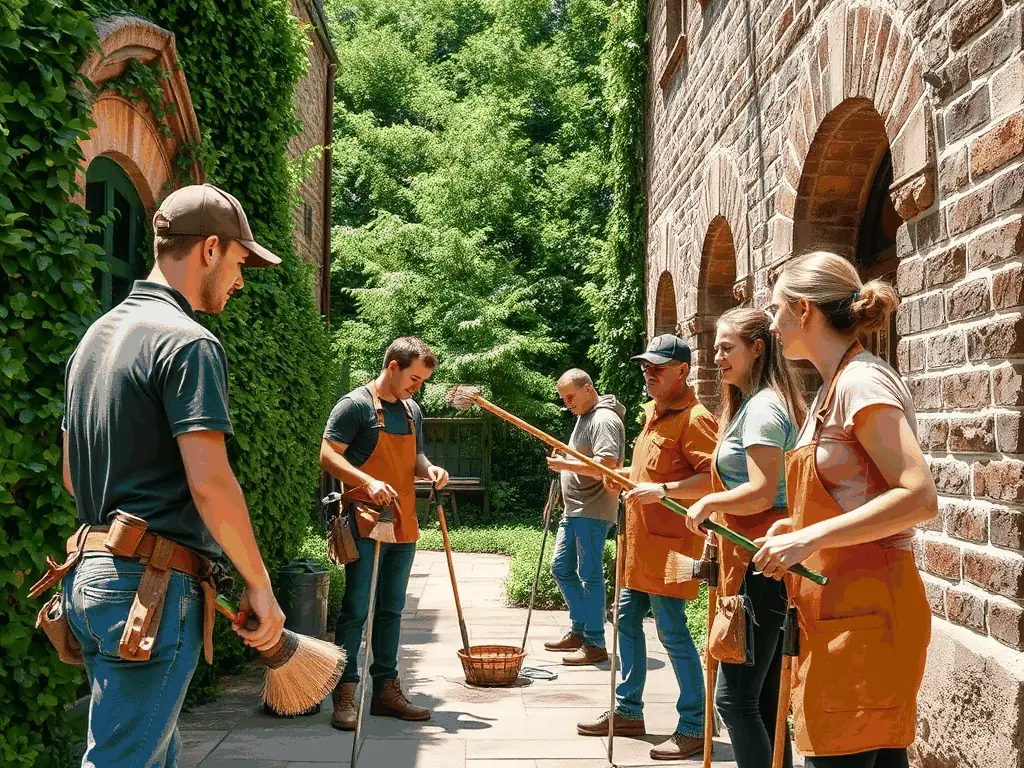 A photograph of volunteers working together to clean and restore a historical building in Saint-Priest-la-Feuille, showcasing community involvement and hands-on preservation efforts.