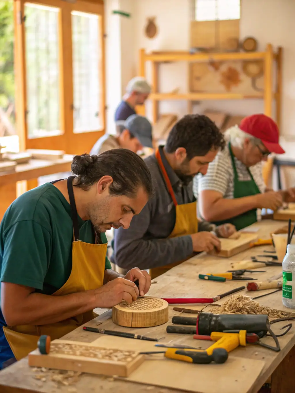 A photo of a workshop where participants are learning traditional crafts related to heritage preservation, such as woodworking or stone carving.