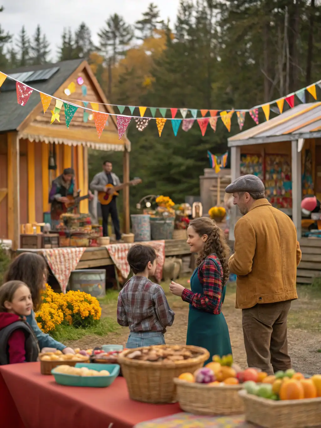 A photo of a community event celebrating local heritage, with traditional music, food, and crafts on display.